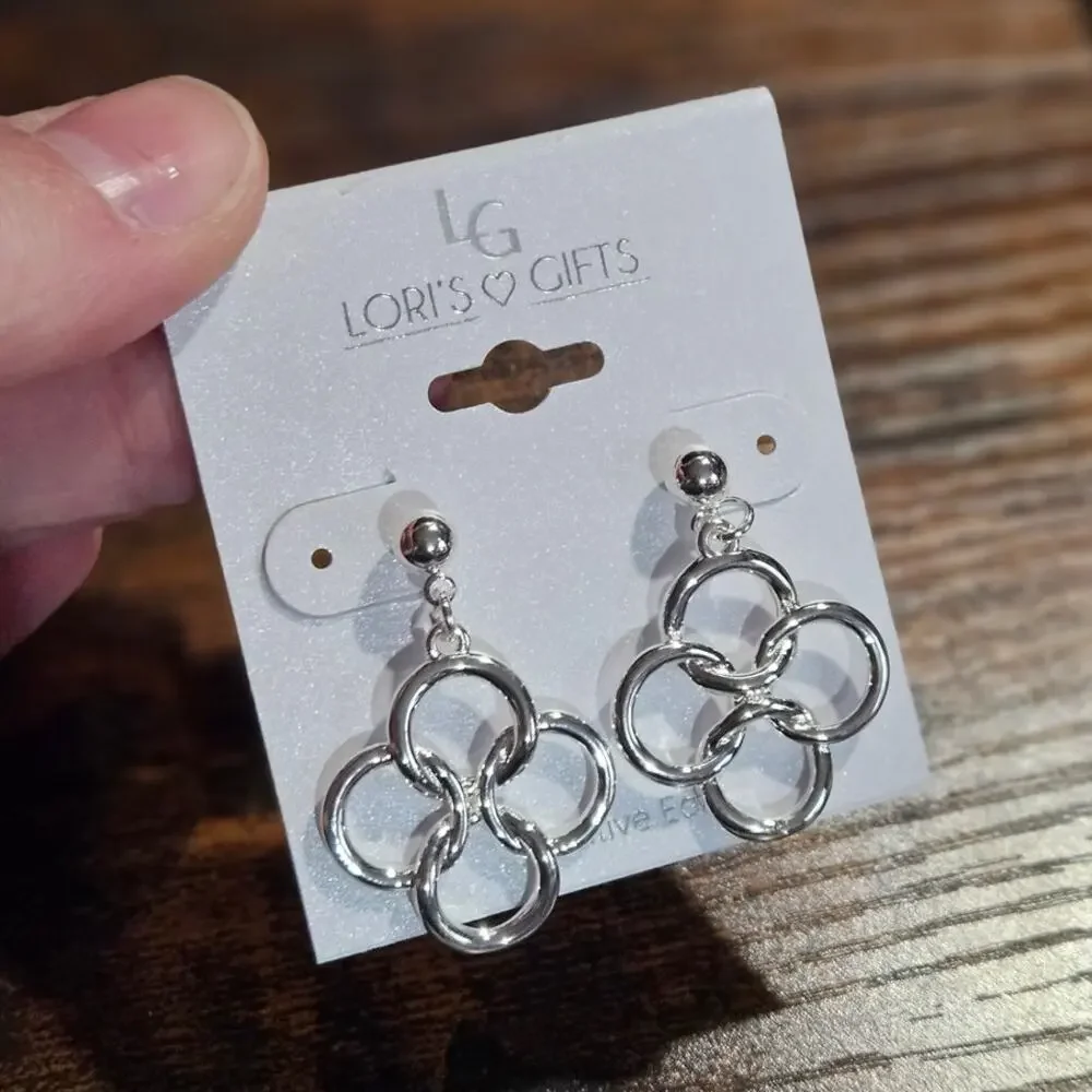 Lori's Gifts Silver Tone Geometric Circle Drop Earrings Sensitive Ears NWT